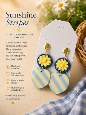 Handmade Sunshine Stripes Yellow & Blue Flower Heart Earrings